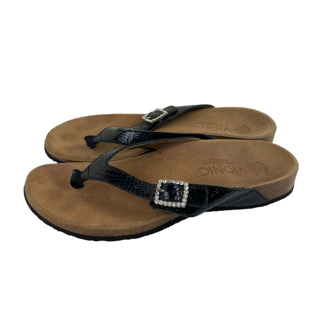 Vionic Womens Sz 8 Patent Leather Rhinestone Buckle Thong Flip Flop Black Sandal